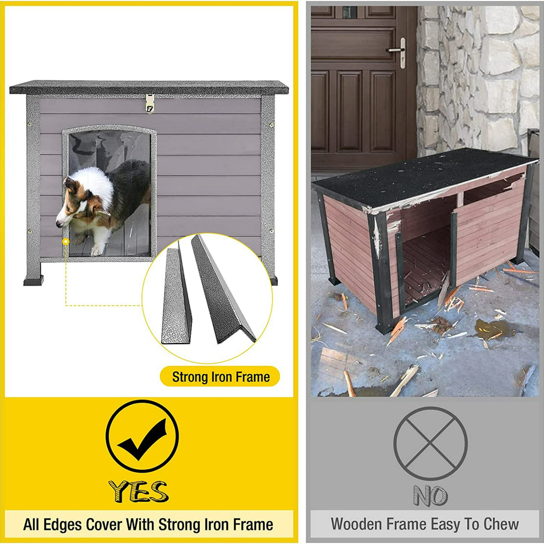 MEDEHOO Large Outdoor Insulated Dog House Indestructible Dog Shelter Weatherproof Dog Kennel with Chew-Proof Metal Frame, Openable Roof for Small to Large Dog Breeds (Grey, 33.5"L x 22"W x 25.2"H)