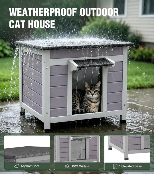 MEDEHOO 24" Outdoor Cat House Weatherproof Cat Shelter, Asphalt Roof, PVC Curtain, Openable Top, Raised Base for Outdoor Cats AIR12-B-MA-WM