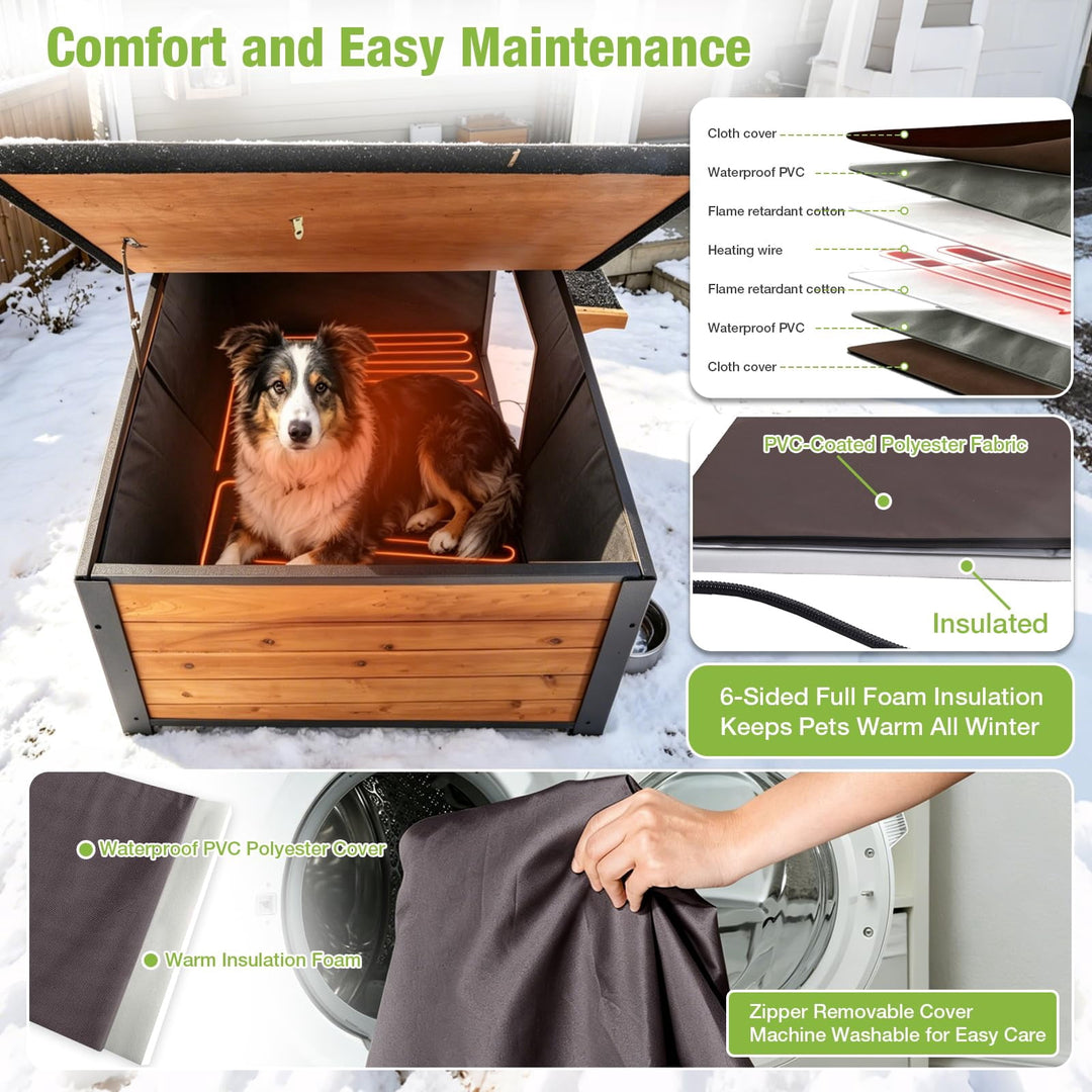 MEDEHOO Large Heated Dog House Outdoor Insulated Dog Kennel Weatherproof with Safe Heating Pad, Chew-Proof Metal Frame, Rotatable Spill-Proof Bowl for Large Dog Breeds, 39.7" L x 25.5" W x32.2 H