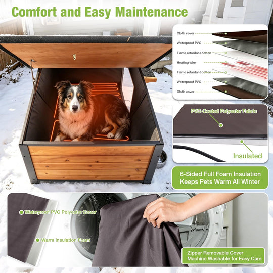 MEDEHOO Large Heated Dog House Outdoor Insulated Dog Kennel Weatherproof with Safe Heating Pad, Chew-Proof Metal Frame, Rotatable Spill-Proof Bowl for Large Dog Breeds, 39.7" L x 25.5" W x32.2 H