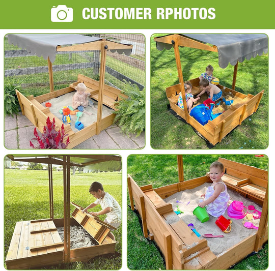 MEDEHOO Sandbox for Kids with Lid and Canopy, Sand Boxes with Covers Foldable Bench Seats, Children Outdoor Wooden Playset - Retractable Roof
