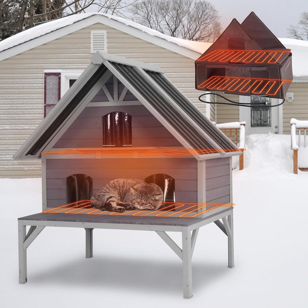 MEDEHOO Heated Cat House 2-Level Large Outdoor Cat House Insulated Weatherproof Feral Cat Shelter with 2 Heating Pads, Insulated All-Round Thermal Liner, Large Porch, 3 Escape Doors for 1-6 Cats