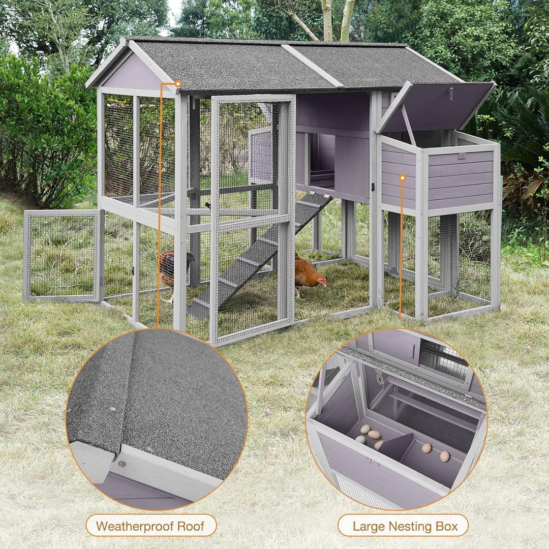 Large Chicken Coops for 6-10 Chickens, Hen House with 2 Nesting Boxes, Poultry Cage with Ramps and Run, Waterproof Roof AIR48-3