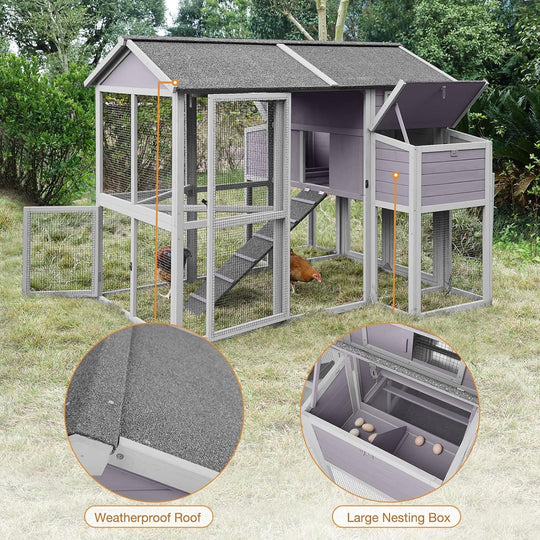 Large Chicken Coops for 6-10 Chickens, Hen House with 2 Nesting Boxes, Poultry Cage with Ramps and Run, Waterproof Roof AIR48-3