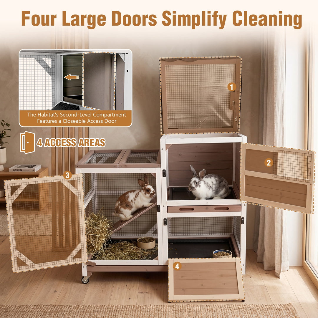 MEDEHOO 2-Story Rabbit Hutch on Wheels Indoor Rabbit Cage with Run Outdoor Weatherproof Bunny Hutch with Chewproof Ramp and Pull-out Tray Brown SAIR7013-WFS