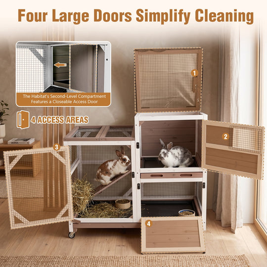 MEDEHOO 2-Story Rabbit Hutch on Wheels Indoor Rabbit Cage with Run Outdoor Weatherproof Bunny Hutch with Chewproof Ramp and Pull-out Tray Brown SAIR7013-WFS
