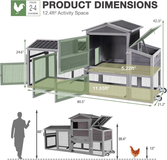 MEDEHOO Large Chicken Coop with Wheels for 4-6 Chickens 81"L Weatherproof Duck House with Nesting Box Mobile Hen House with Run Leakproof Tray Grey