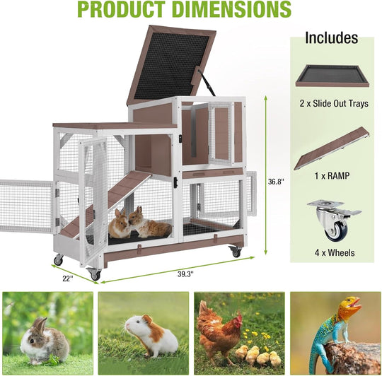 2-Story Rabbit Hutch Bunny Cage with Leak-Proof Trays &amp; Chew-Proof Ramp - Indoor/Outdoor 39.3" Wooden Rabbit Cage with Wheels (Brown)