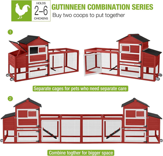 MEDEHOO Chicken Coop Mobile Chicken House with Wheels Expandable Wooden Hen House 80.7" Outdoor Rabbit Hutch Movable with Large Nesting Box for 2-4 Chickens (Red) AIR72-R-N-WM