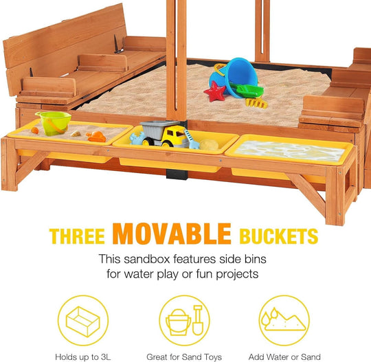 MEDEHOO Kids Sand Boxes with Lid, Kids Outdoor Play Large Sandbox with Covers Foldable Bench Seats and Toy Bin Storage, Upgrade Retractable Roof GUT08-8Y-WM2