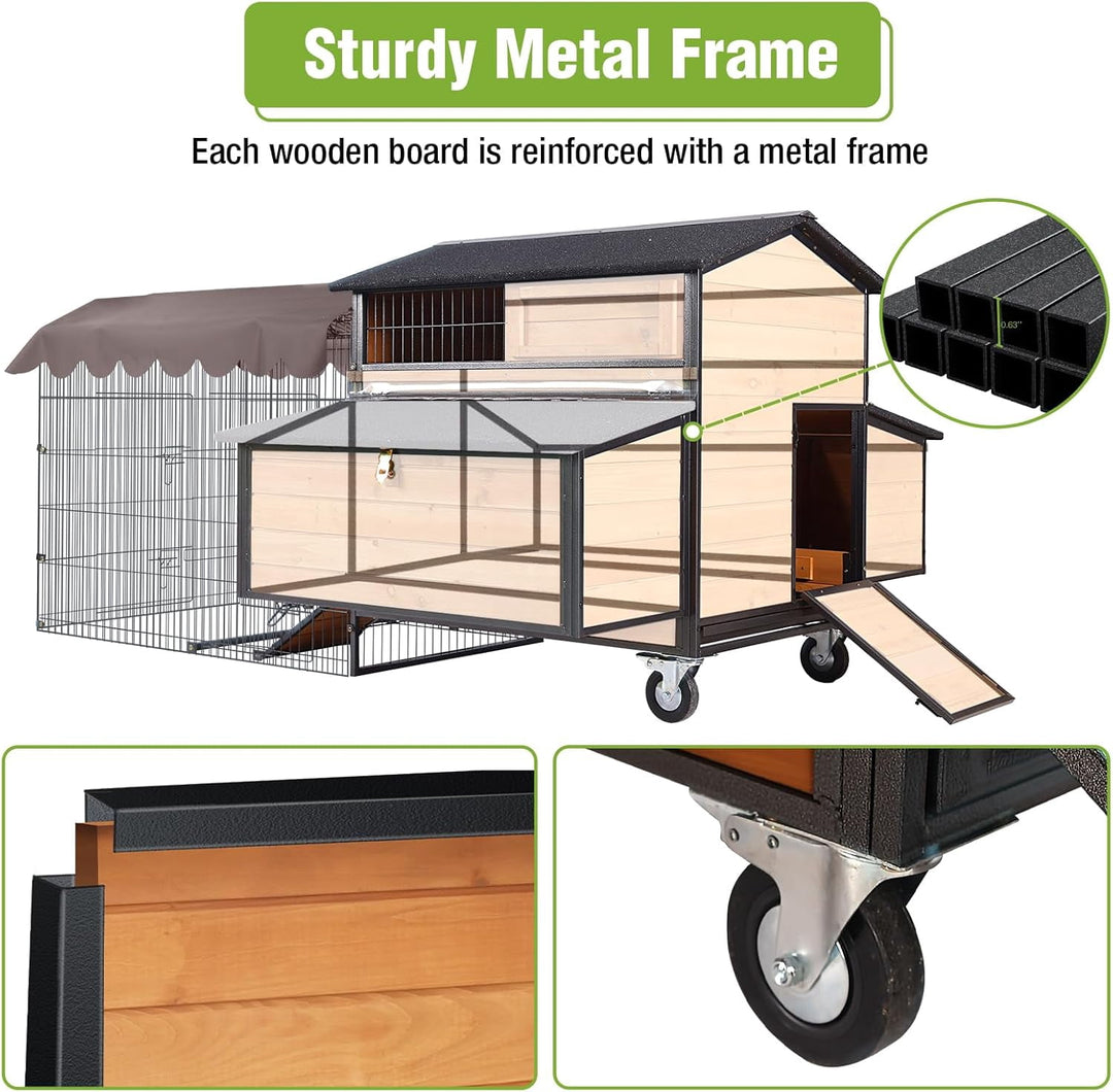 MEDEHOO Mobile Chicken Coop with All-Around Metal Frame, 76.7" Large Chicken Coops with Super Large Wheels, Outdoor Poultry Cage Hen House with Metal Run for 6-8 Chickens