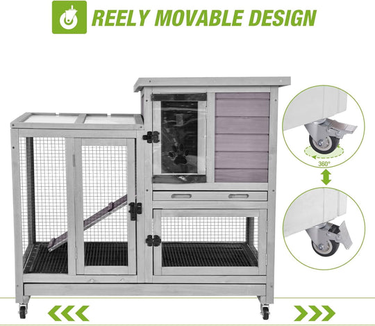 MEDEHOO 2-Story Rabbit Hutch Indoor with Chew-Proof Ramp &amp; Slide-Out Plastic Trays - Wooden Small Animal Cage Guinea Pig Cages with Wheels for 2-4 Rabbits, Bunnies, and Guinea Pigs (Grey) AIR10-G-MA-WM