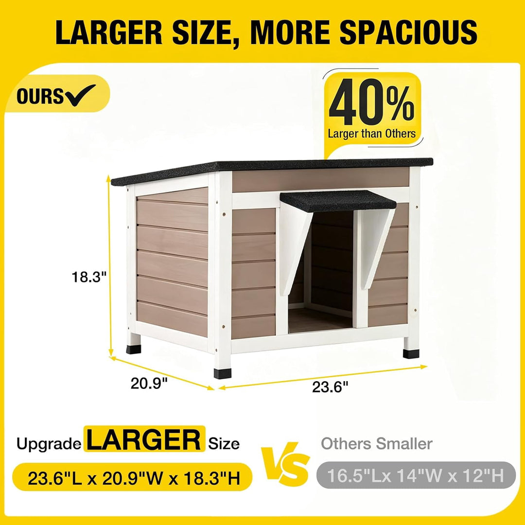 MEDEHOO Insulated Outdoor Cat House 23.6 in, Weatherproof Wooden Feral Cat Shelter with Washable Thermal Liner and Elevated Base, Brown GUT12-WBR-IN-WM
