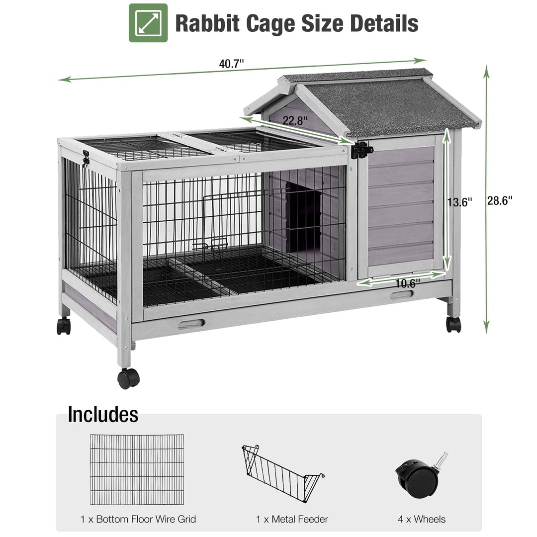 MEDEHOO Rabbit Hutch with Wheels for Indoor Outdoor, Wooden Rabbit Cage with Removable Wire Netting &amp; Leak Proof Tray, Mobile Bunny Cage, Gray AIR24-ML-WM