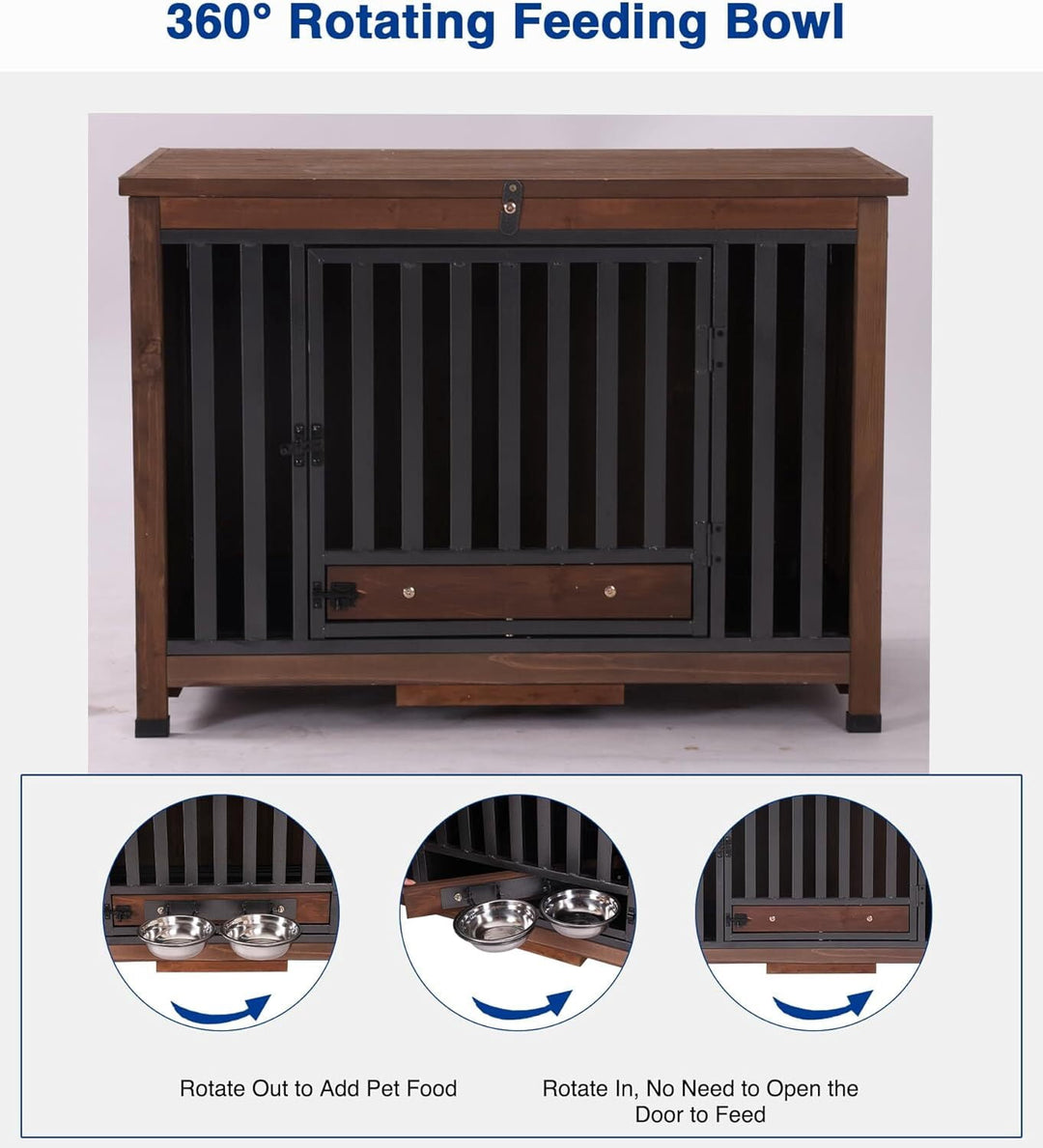 MEDEHOO Dog Crate Furniture, Foldable Wooden Dog Kennel Furniture with 360° Rotating Feeding Bowls, Iron Frame Dog Crate with Deepened Sliding Tray , 39.4" L Brown