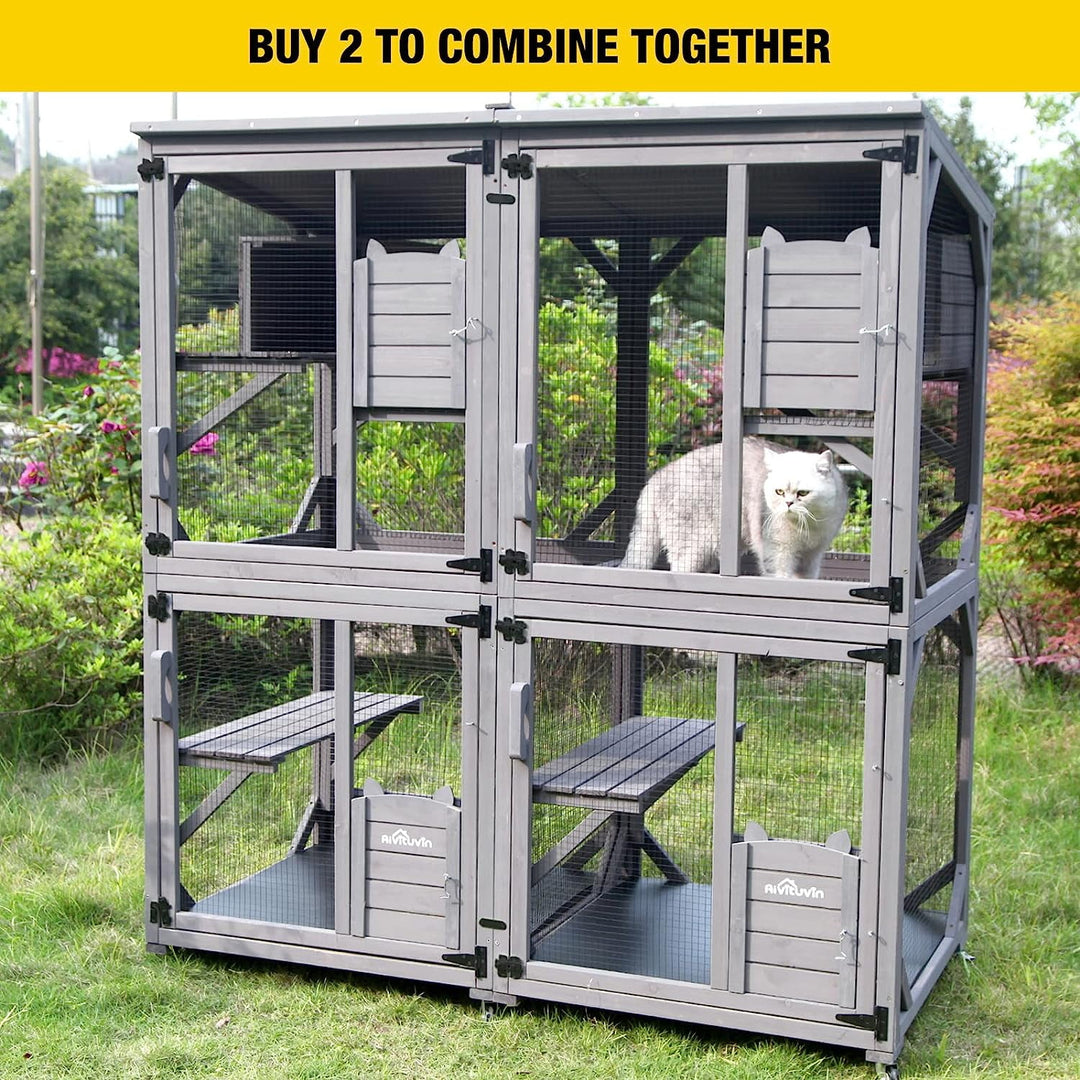 MEDEHOO Catio Outdoor Cat House Wooden Cat Enclosure Resting Box with 3 Platforms, 71 inch Kitten Condo Pets Cage, Gray AIR22-WM