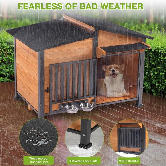 MEDEHOO Dog House Outdoor with Bowls Weatherproof Dog Kennel with Anti-Chewing Iron Frame Dog Shelter for Small Medium Dogs AIR7021-WM2