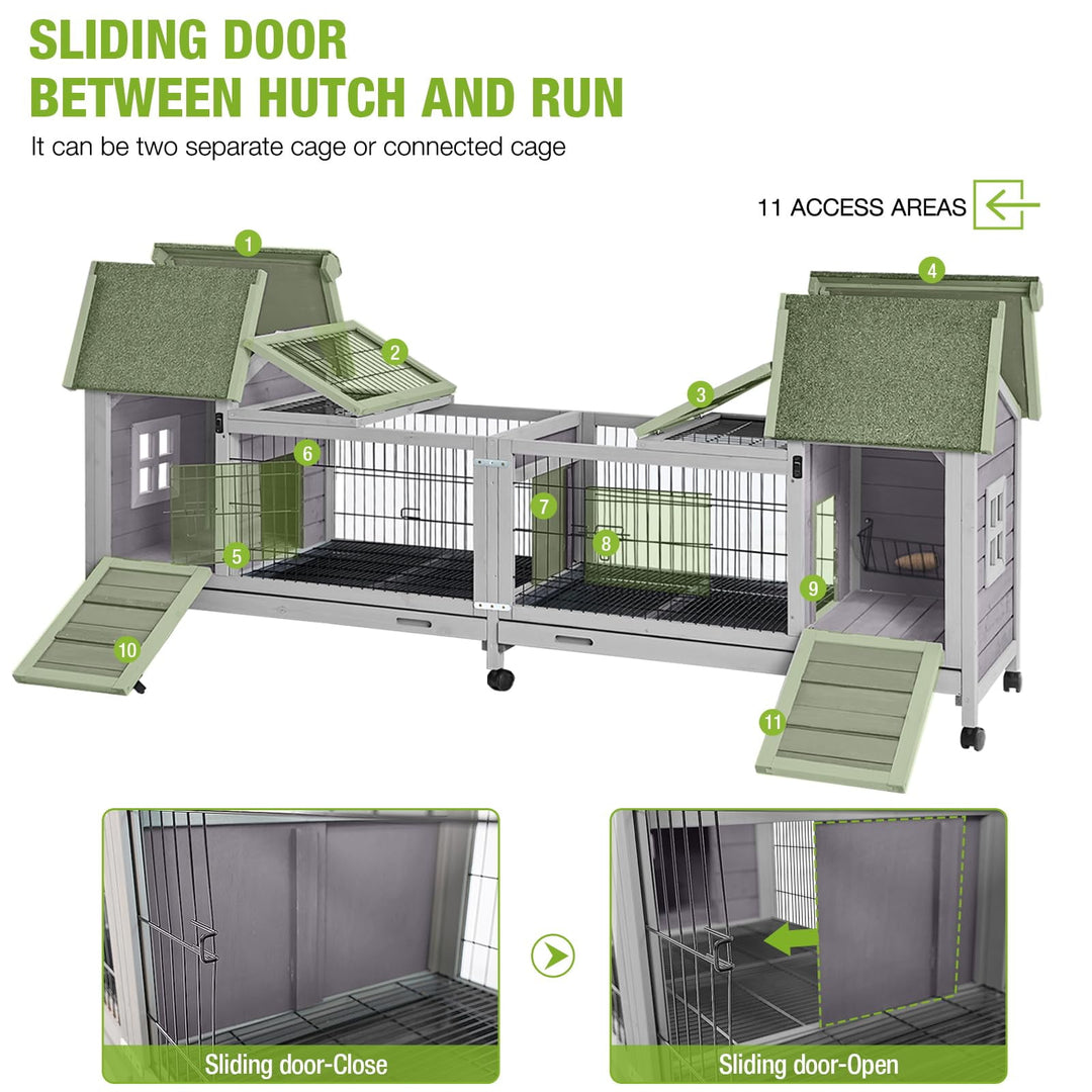 MEDEHOO Rabbit Hutch Outdoor Bunny Cage Indoor with Large Space Guinea Pig House on Wheels 10.4 ft², No Leak Trays, Run AIR68-Y