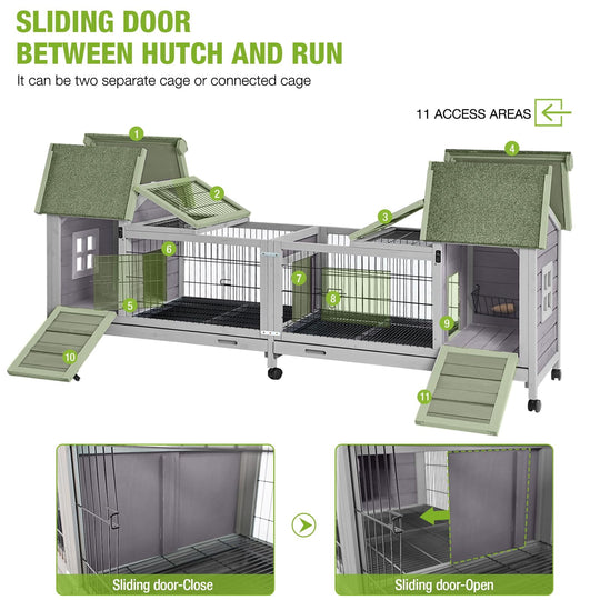MEDEHOO Rabbit Hutch Outdoor Bunny Cage Indoor with Large Space Guinea Pig House on Wheels 10.4 ft², No Leak Trays, Run AIR68-Y