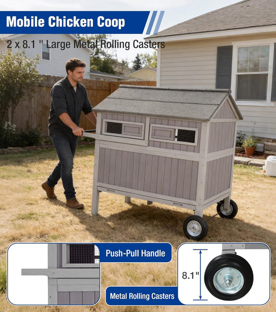 MEDEHOO Large Chicken Coop with Wheels for 6-8 Chickens, Large Outdoor Duck Coop Hen House with Weatherproof Asphalt Roof, Nesting Box, Pull-Out Tray, 51.6" L x 41" W x 51.2" H