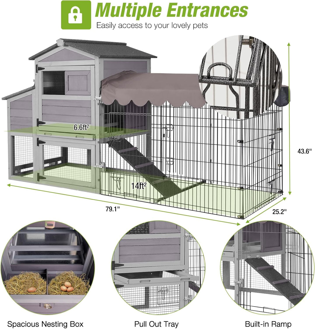 MEDEHOO Large Metal Chicken Coop Run with Mobile, 79.1in Poultry Cage with Waterproof&amp;Anti-UV Cover, Outdoor Chicken Pen for 4-6 Chickens, Ducks AIR7008-G-MA-WM