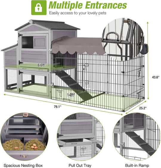 MEDEHOO Large Metal Chicken Coop Run with Mobile, 79.1in Poultry Cage with Waterproof&amp;Anti-UV Cover, Outdoor Chicken Pen for 4-6 Chickens, Ducks AIR7008-G-MA-WM