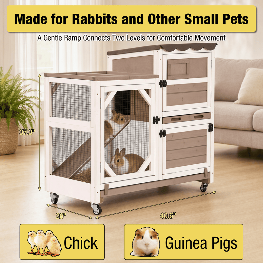 MEDEHOO 2-Story Rabbit Hutch with Wheels, 39.3-Inch Indoor/Outdoor Wooden Bunny Cage with 2 Pull-Out Trays, Gray AIR7013-WFS-GE