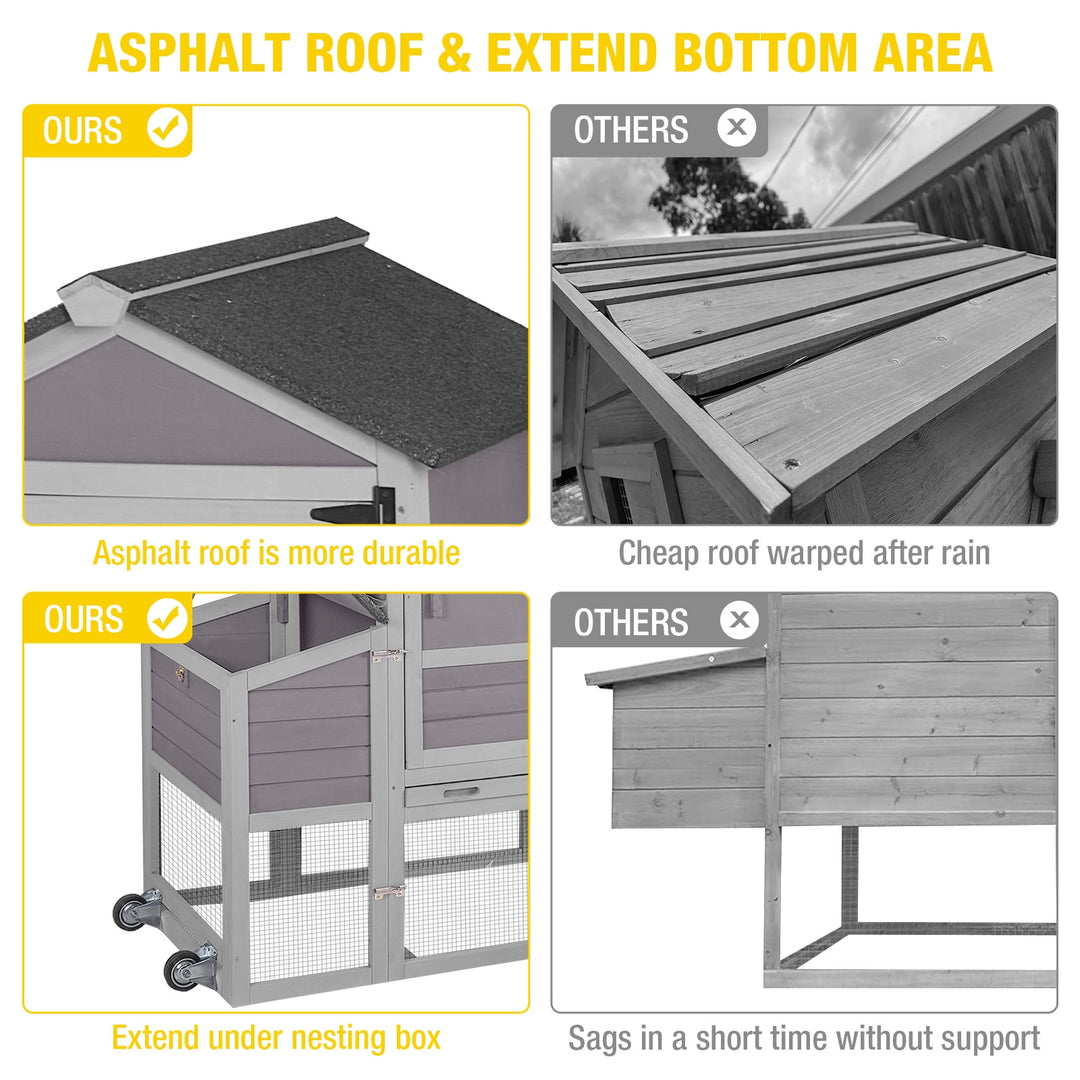 MEDEHOO 82.4" Chicken Coop with Wheels, Large Hen House with Run, Chicken Cage for 4-6 Chickens, Weatherproof Asphalt Roof, Nesting Box &amp; Pull-Out Tray