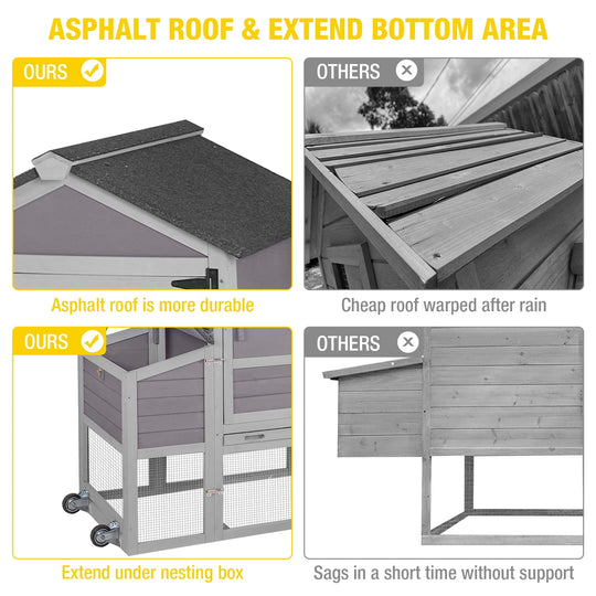 MEDEHOO 82.4" Chicken Coop with Wheels, Large Hen House with Run, Chicken Cage for 4-6 Chickens, Weatherproof Asphalt Roof, Nesting Box &amp; Pull-Out Tray