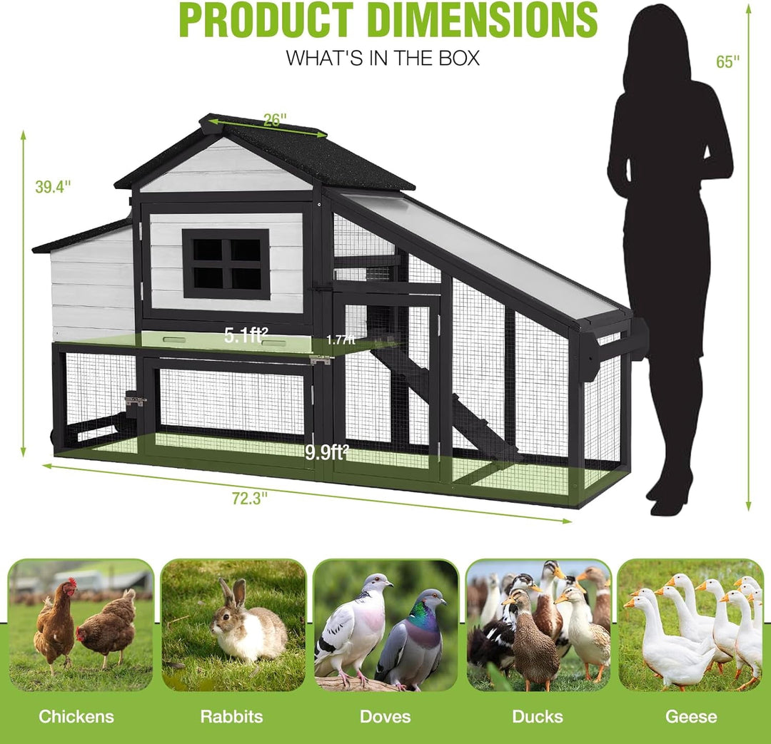 MEDEHOO Chicken Coop Mobile Chicken House On Wheel Outdoor Rabbit Hutch for 2-4 Chickens 67"(White &amp; Black) AIR023-B