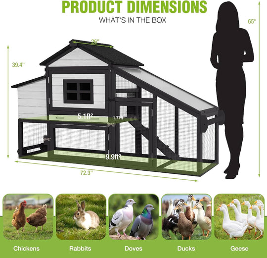 MEDEHOO Chicken Coop Mobile Chicken House On Wheel Outdoor Rabbit Hutch for 2-4 Chickens 67"(White &amp; Black) AIR023-B
