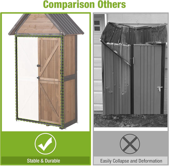 MEDEHOO Outdoor Storage Shed with All Around Strong Metal Frame, Garden Tool Sheds Cabinet with Floor &amp; Adjustable Shelves, Wooden Tool House for Backyard Garden Patio Lawn (Brown)