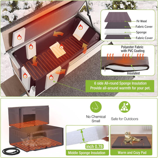 MEDEHOO Cat House for Outdoor Cats Large 2-Stroy Insulated Kitty Shelter with Heater for Winter,Waterproof Great for Indoor &amp; Outdoor Use,Brown