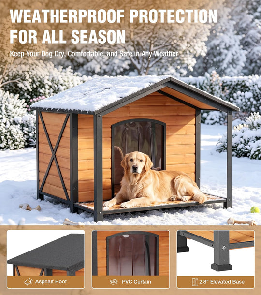 MEDEHOO Extra Large Heated Dog House Outside with Full Iron Frame and Covered Porch Reinforced Outdoor Dog Kennel with Asphlat Roof PVC curtain for Medium to Large Breed AIR89-IN-HP-AD-4-WM