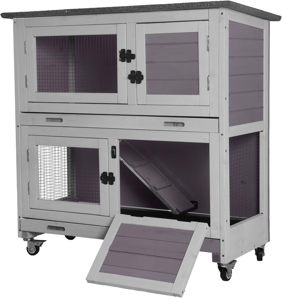 MEDEHOO Rabbit Hutch Indoor, 36'' Bunny Hutch Outdoor, Mobile Rabbit Cage with Wheels, 2-Story Bunny Cage with 2 Pull Out Trays, Wooden Guinea Pig Cage (Grey)