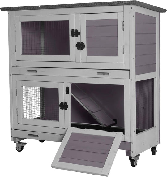 MEDEHOO Rabbit Hutch Indoor, 36'' Bunny Hutch Outdoor, Mobile Rabbit Cage with Wheels, 2-Story Bunny Cage with 2 Pull Out Trays, Wooden Guinea Pig Cage (Grey)
