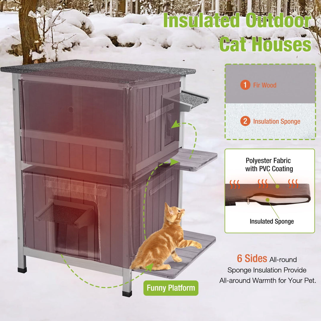 MEDEHOO Insulated Cat House Outdoor, Feral Cat Shelter for Winter Weatherproof with Insulated Liner, Gray