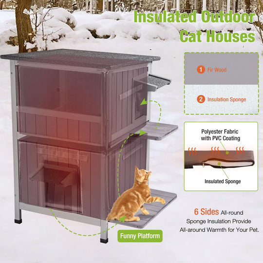 MEDEHOO Insulated Cat House Outdoor, Feral Cat Shelter for Winter Weatherproof with Insulated Liner, Gray