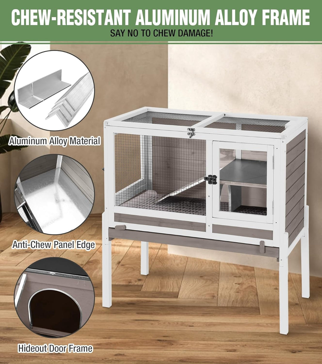 MEDEHOO Guinea Pig Cage Rabbit Cage Indoor with Chew-Proof Edges, Clean Deep Tray, Leakproof PVC Layer, Small Animals Cage with Adjustable Legs - Brown