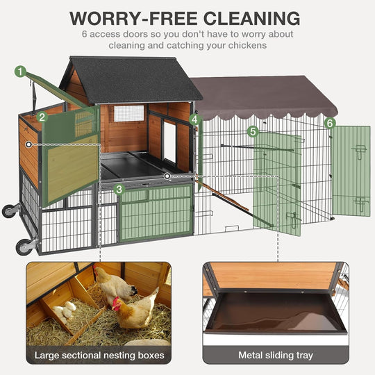 Ultimate Chicken Coop with Wheels - Spacious 85" Metal Frame Chicken House with Nesting Box and Leakproof Pull-on Tray - Chicken Tractor Portable &amp; Waterproof, Perfect for Chickens! AIR7006-L