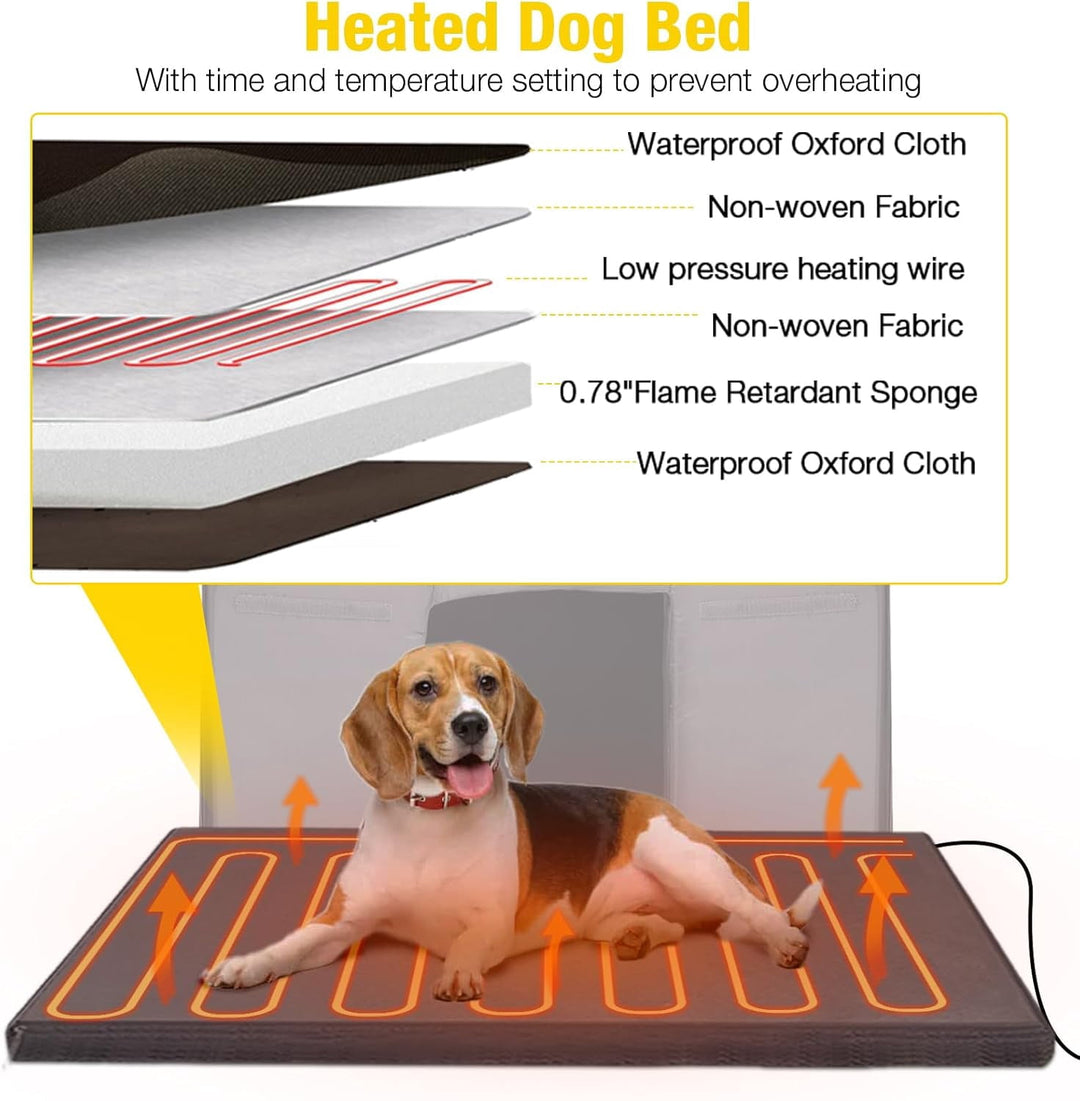 MEDEHOO Heated Outdoor Dog House for Winter, Large Wooden Dog Kennel with Heated Pad, Insulated Liner, Metal Frame, Waterproof Roof, Raised Base and Porch for Medium to Large Dogs