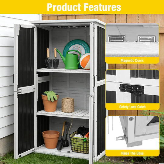MEDEHOO Outdoor Storage Cabinet with Adjustable Shelves, Metal Frame, Waterproof Storage Shed with Floor for Garden Tools, Black