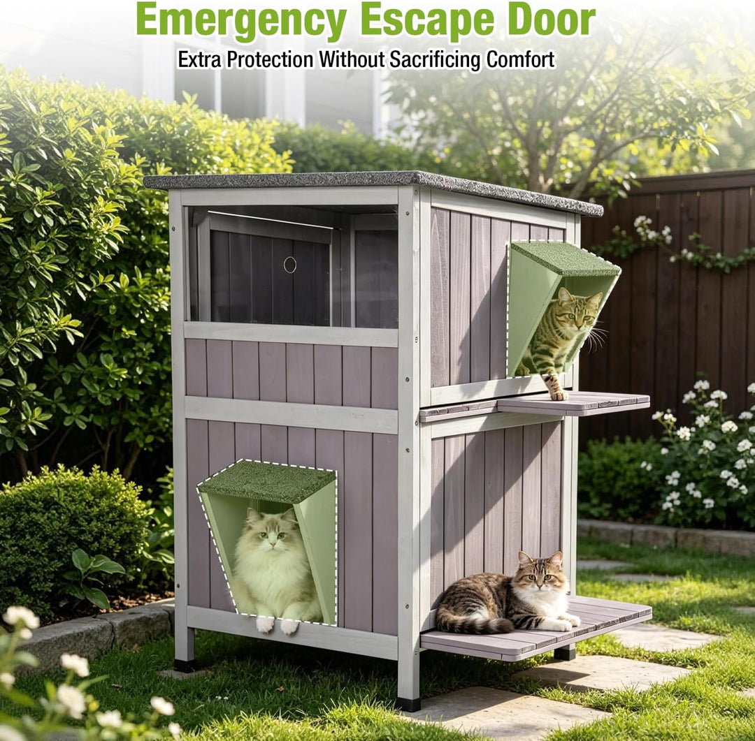 MEDEHOO Outdoor Feral Cat House Weatherproof 2-Story Cat Condon Enclosure for Outside Cats Shelter with Large Window, Escape Door, Jumping Platform