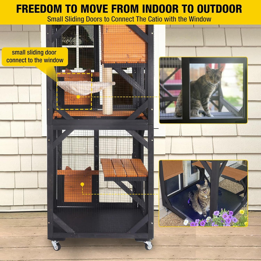 MEDEHOO Window Catio Outdoor Cat Enclosure Mobile Kitty Shelter on Wheels Pet Cage with Resting Box, Hammocks, Waterproof Cover AIR22-M-B-WM