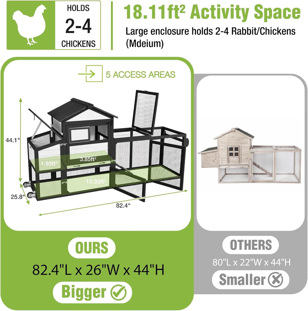 MEDEHOO Mobile Chicken Coop with Wheels for 2-4 Chickens, Expandable Wooden Hen House with Divided Nesting Box, Reinforced Coop Balcony, Roosting Perch, Metal Pull-Out Tray, 82.4" L (Black ＆ White)