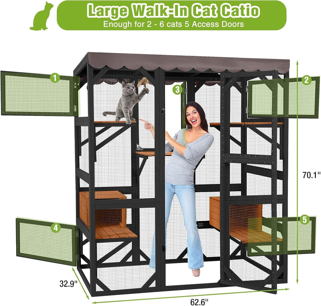 MEDEHOO Catio Outdoor Cat Enclosure with Scratch Post, Hammock, Large Window Cat House for 2-6 Mulitiple Cats Walk in Kitty Cage with Tarp Roof 70" Black