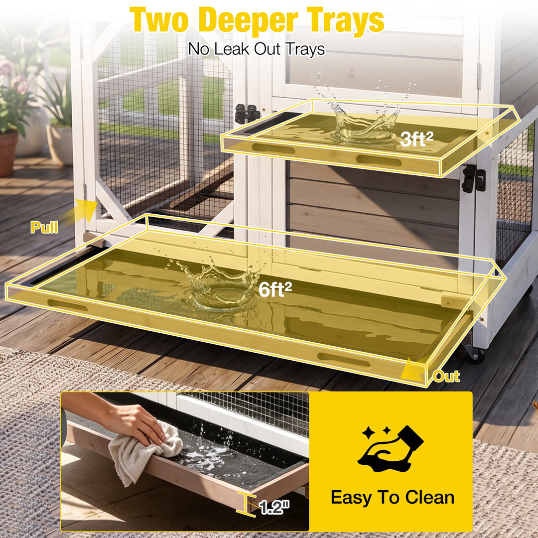 MEDEHOO Rabbit Cage Indoor Outdoor Bunny Hutch on Wheels, 2 Story Wood Guinea Pig Cages with 2 Deeper Pull Out Trays AIR7013-PD