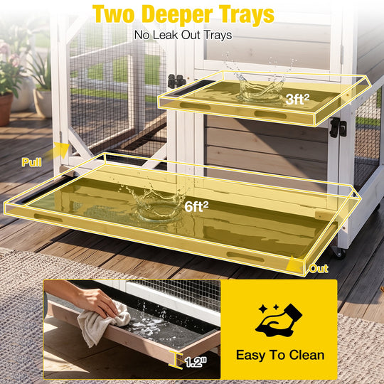 MEDEHOO Rabbit Cage Indoor Outdoor Bunny Hutch on Wheels, 2 Story Wood Guinea Pig Cages with 2 Deeper Pull Out Trays AIR7013-PD