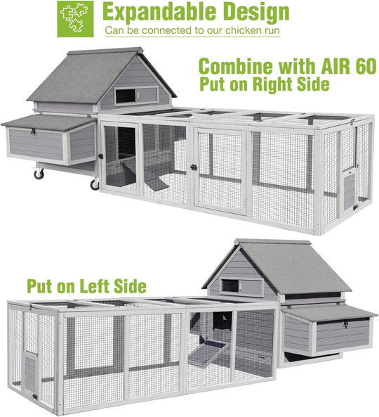 MEDEHOOChicken Coop Movable Large Duck Cage On Wheels Outdoor Rabbit Hutch Wooden Hen House with Two Nesting Boxes AIR67-N