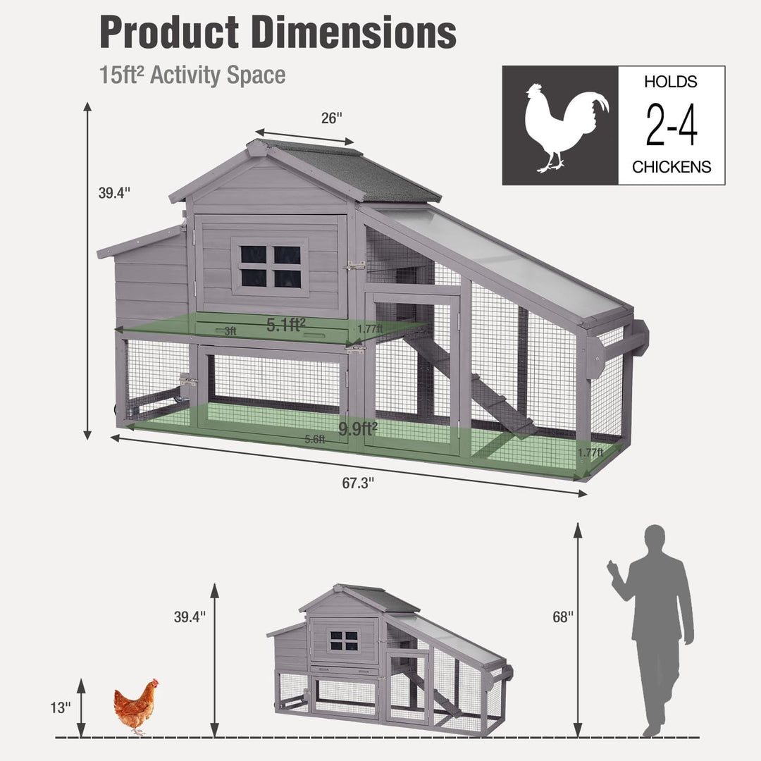 MEDEHOO Chicken Coop on Wheels, Mobile Chicken House, Wooden Hen Houses, Outdoor Rabbit Hutch, for 2-4 Chickens 67" (Gray) AIR23-km-gray